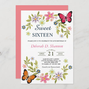 Sweet Sixteen Nature Flowers and Butterflies Invitation