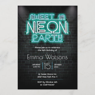 Sweet sixteen Neon Party Blue Invitation