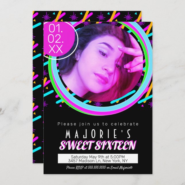 Sweet Sixteen Neon Party Club Style Glow Laser Invitation (Front/Back)