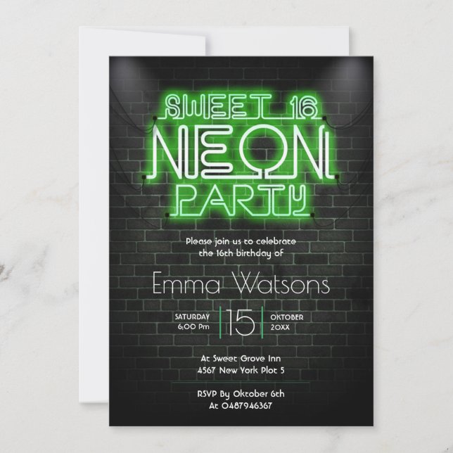 Sweet sixteen Neon Party Invitation (Front)