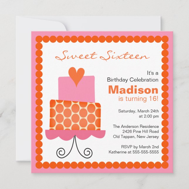 Sweet Sixteen Orange & Pink Cake Birthday Invite (Front)