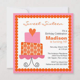 Sweet Sixteen Orange & Pink Cake Birthday Invite