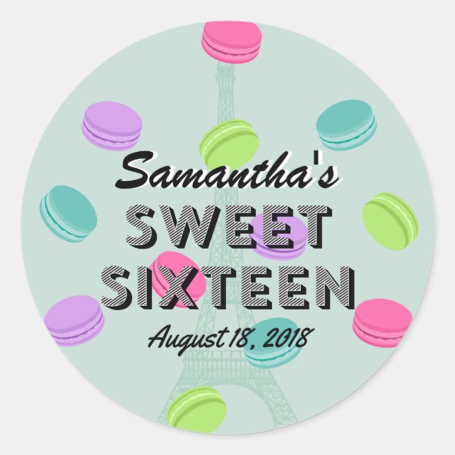 Sweet Sixteen Paris and Macaron Birthday Sticker (Front)