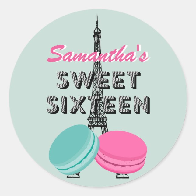 Sweet Sixteen Paris Macaron Birthday Sticker Favou (Front)