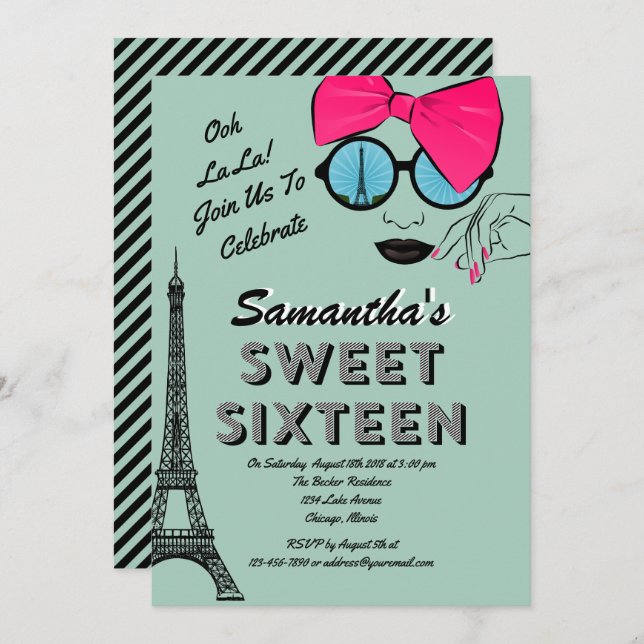 Sweet Sixteen Paris Theme Birthday Invitation Card (Front/Back)