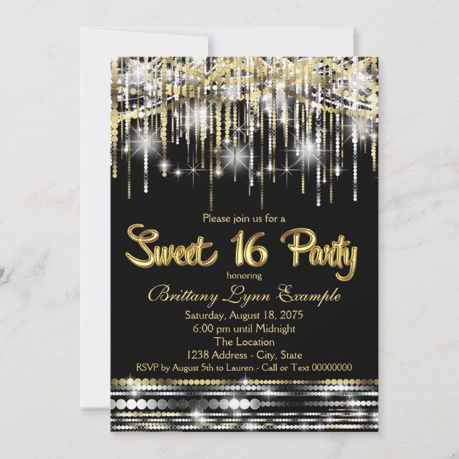 Sweet Sixteen Party Black and Gold Glam Sparkle Invitation (Front)