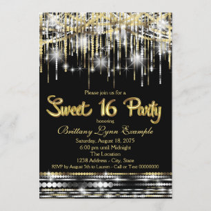 Sweet Sixteen Party Black and Gold Glam Sparkle Invitation