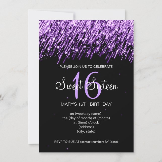 Sweet Sixteen Party Falling Stars Purple Invitation (Front)
