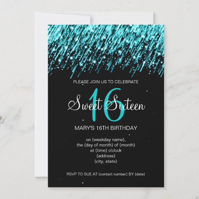 Sweet Sixteen Party Falling Stars Turquoise Invitation (Front)