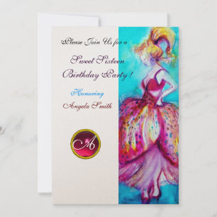 SWEET SIXTEEN PARTY,Red Pink Ruby Monogram gold Invitation