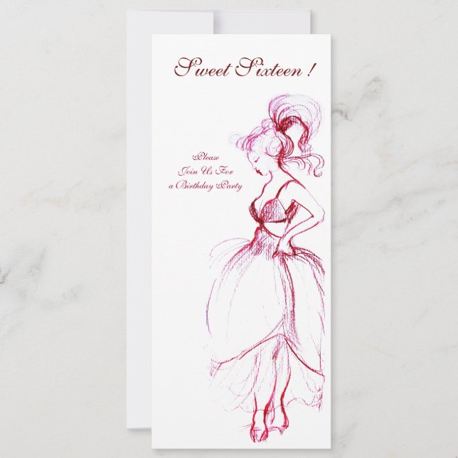 SWEET SIXTEEN PARTY, red pink white Invitation (Front)