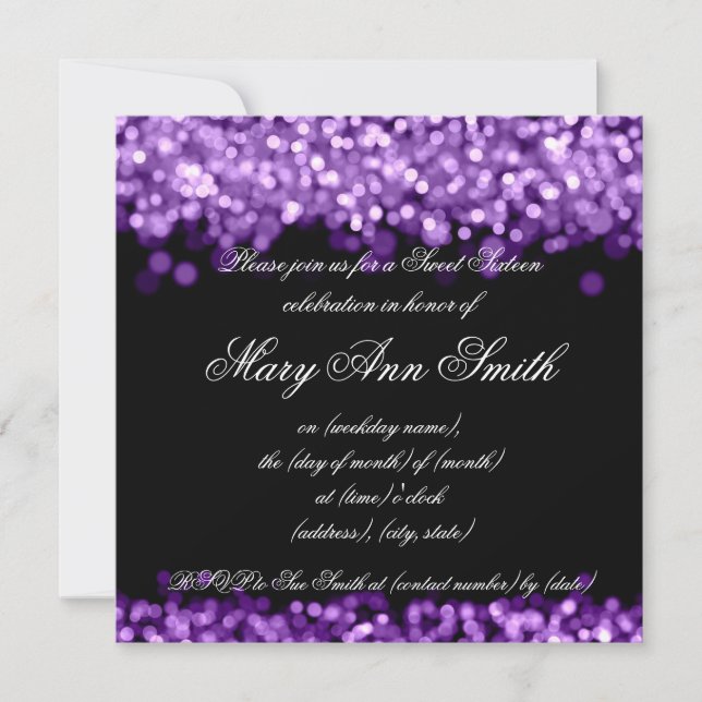 Sweet Sixteen Party Shimmering Purple Lights Invitation (Front)