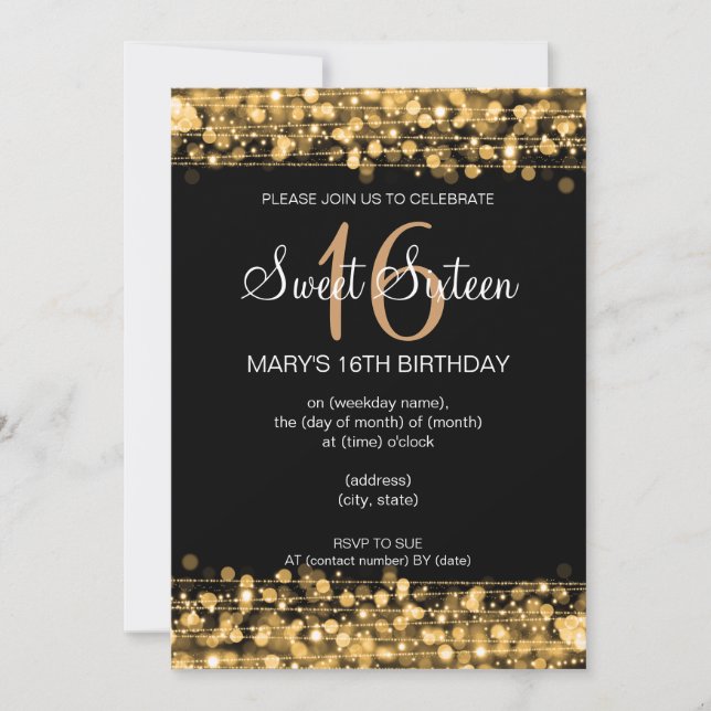 Sweet Sixteen Party Sparkles Gold Invitation (Front)
