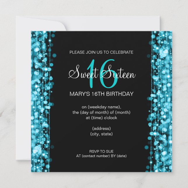 Sweet Sixteen Party Sparkles Turquoise Invitation (Front)
