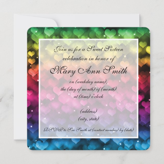 Sweet Sixteen Party Sparkling Rainbow Hearts Invitation (Front)