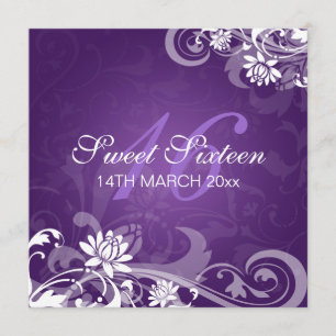 Sweet Sixteen Party Swirly Flowers Purple Invitation