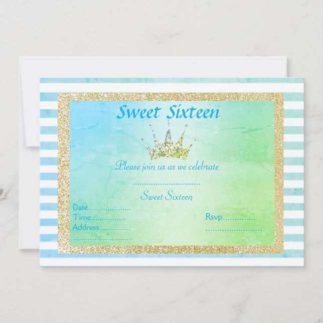 SWEET SIXTEEN PASTEL STRIPE TIARA BIRTHDAY GOLD INVITATION (Front)