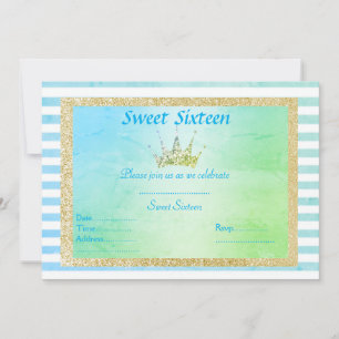 SWEET SIXTEEN PASTEL STRIPE TIARA BIRTHDAY GOLD INVITATION