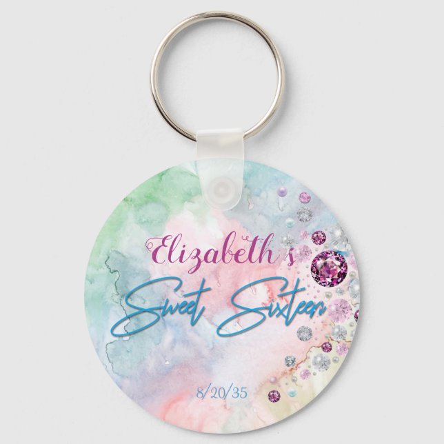 Sweet Sixteen Pearls Gems Pink Blue Green Key Ring (Front)