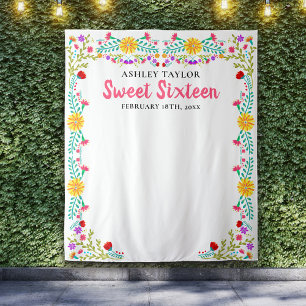 Sweet Sixteen Photo Backdrop Mexican Flowers White Tapestry