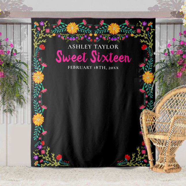 Sweet Sixteen Photo Booth Backdrop Mexican Flowers Tapestry (Creator Uploaded)