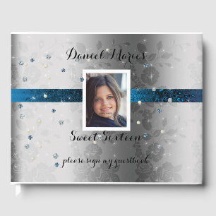 Sweet Sixteen, Photo, Teal Satin, Sparkle, Gems Guest Book