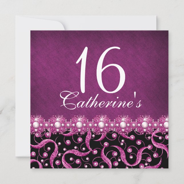 "sweet sixteen" pink black any age celebration invitation (Front)