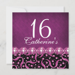 "sweet sixteen" pink black any age celebration invitation