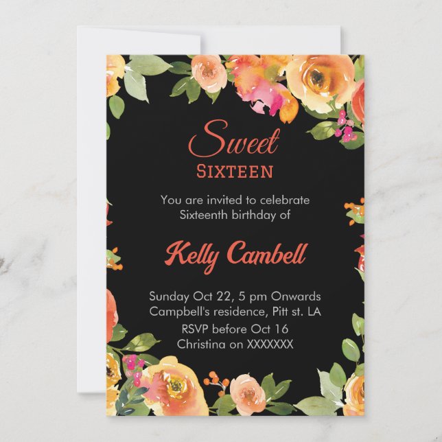 Sweet sixteen pink/black watecolor floral  Invite (Front)