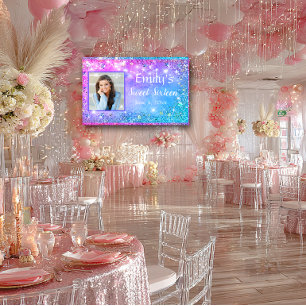 Sweet Sixteen Pink Blue Glitter Sparkle Lights Banner