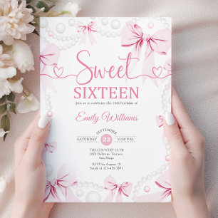 Sweet Sixteen Pink Bows Pearls Coquette Invitation