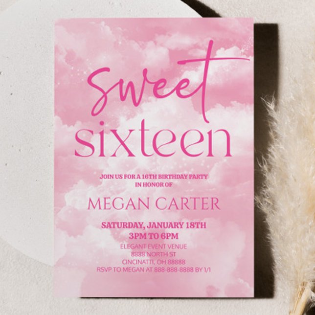 Sweet Sixteen Pink Clouds 16th Birthday Party Invitation (Creator Uploaded)