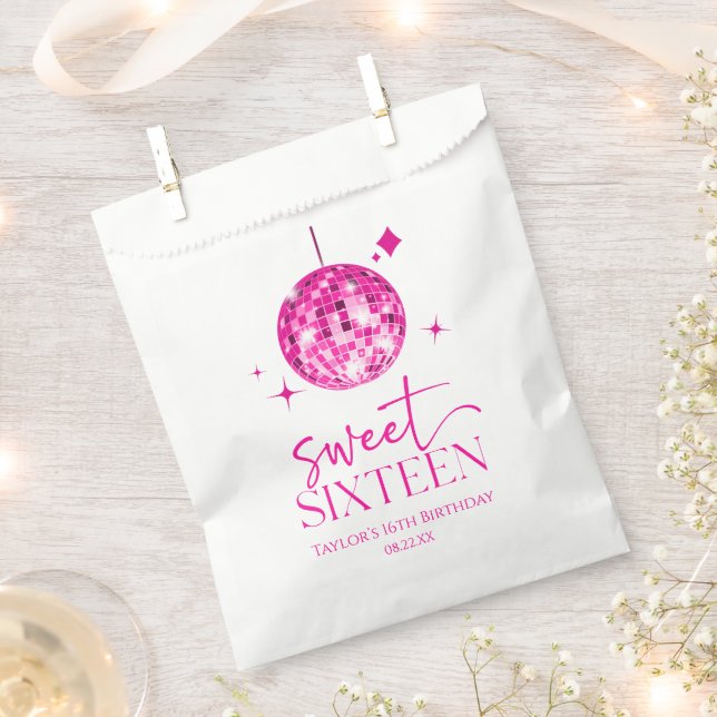 Sweet Sixteen Pink Disco Ball 16th Birthday Party Favour Bag (Clipped)