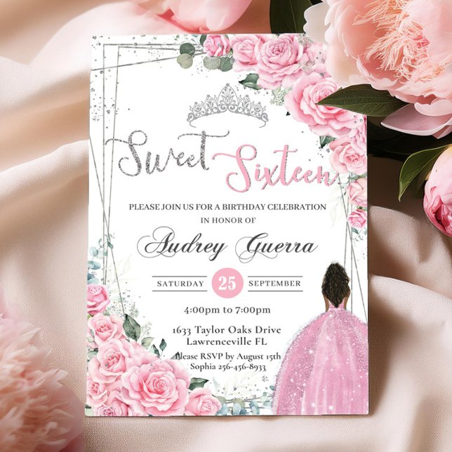 Sweet Sixteen Pink Floral Brown Princess Birthday Invitation (Creator Uploaded)