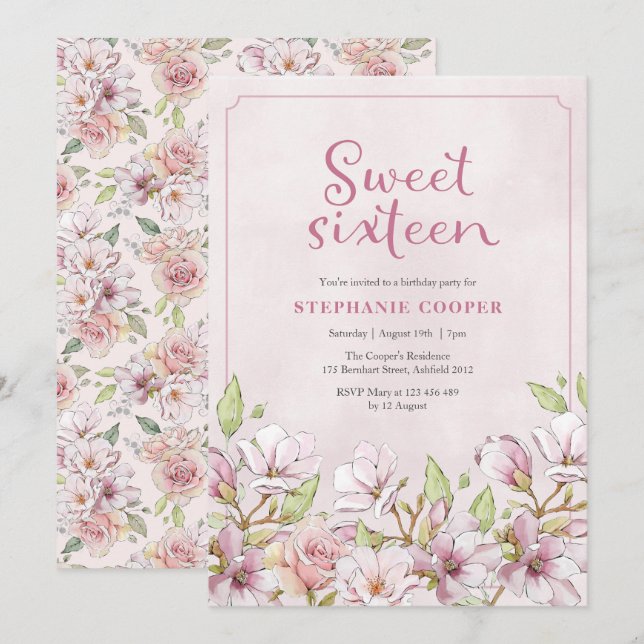 Sweet Sixteen Pink Floral invitation (Front/Back)