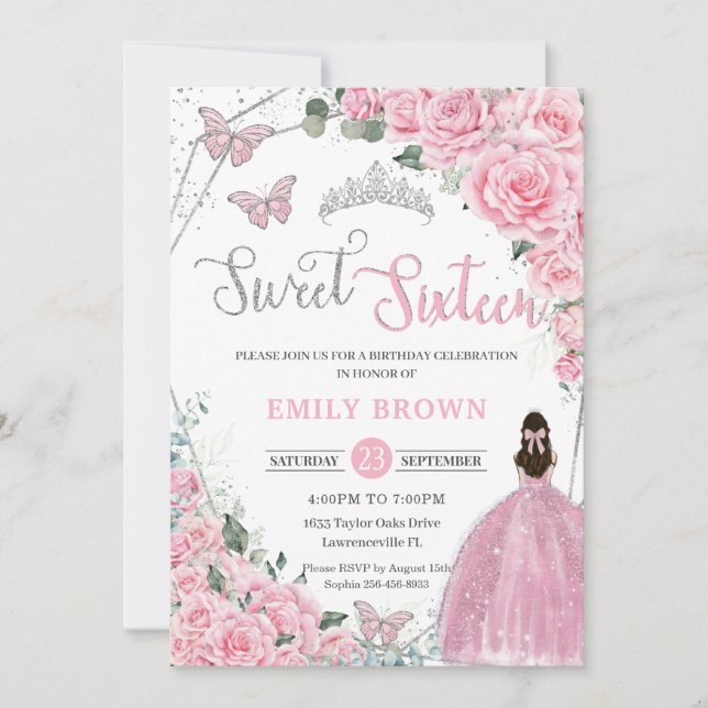 Sweet Sixteen Pink Floral Princess Silver Birthday Invitation (Front)