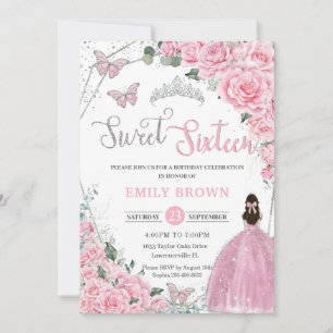 Sweet Sixteen Pink Floral Princess Silver Birthday Invitation