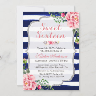 Sweet Sixteen Pink Floral Silver Blue Stripes Invitation