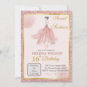 SWEET SIXTEEN PINK GLITTER BALLERINA BIRTHDAY  INVITATION