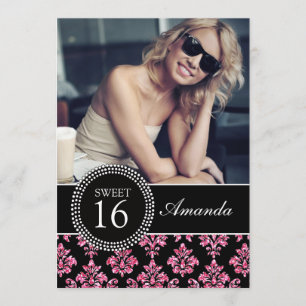 SWEET SIXTEEN, PINK GLITTER,  BLACK DAMASK INVITATION