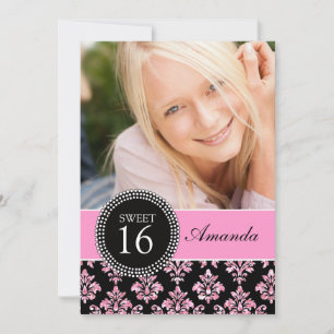 SWEET SIXTEEN, PINK GLITTER,  BLACK DAMASK INVITATION