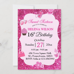 SWEET SIXTEEN PINK GLITTER MAKEUP BIRTHDAY  INVITATION