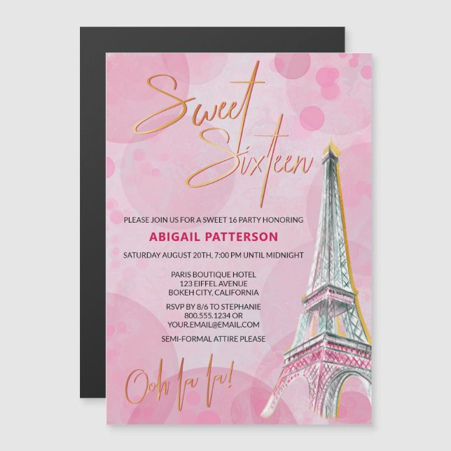 Sweet Sixteen Pink Gold Paris 16th Birthday Party Magnetic Invitation (Front/Back)