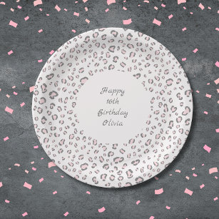 Sweet Sixteen Pink Grey Leopard Pattern Paper Plate