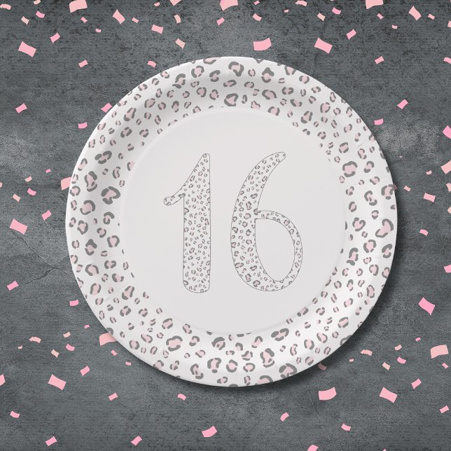 Sweet Sixteen Pink Grey Leopard Pattern Paper Plate (Creator Uploaded)