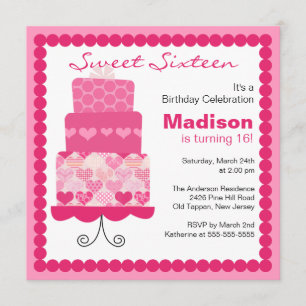 Sweet Sixteen Pink Hearts Cake Birthday Invite
