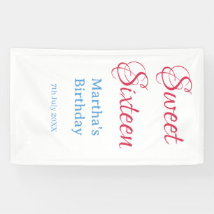 Sweet Sixteen pink name date calligraphy boho blue Banner