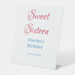 Sweet Sixteen pink name date calligraphy boho blue Pedestal Sign