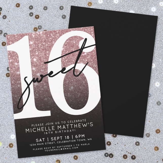 Sweet Sixteen Pink Rose Gold Glitter 16th Birthday Invitation (Sweet Sixteen Pink Rose Gold Glitter 16th Birthday Invitation)