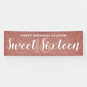 Sweet Sixteen Pink Rose Gold Glitter Personalised Banner